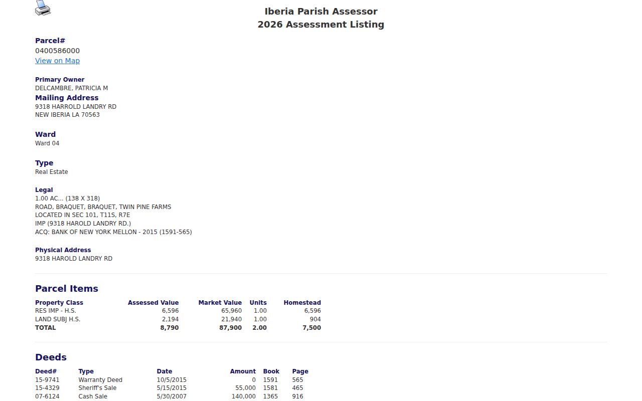 Iberia Parish assessor sample with ownership and deed history
