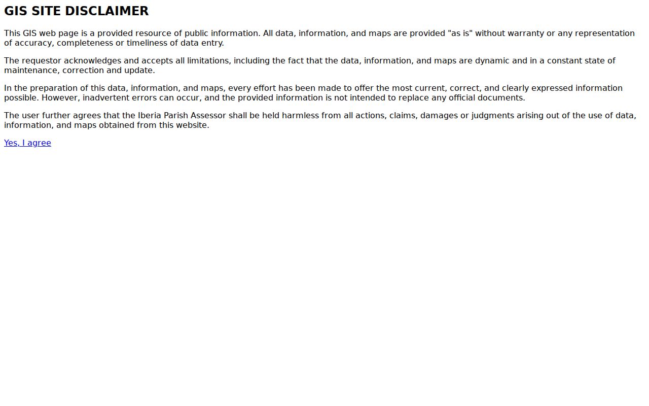 Iberia Parish Assessor GIS route and map disclaimer for New Iberia property research