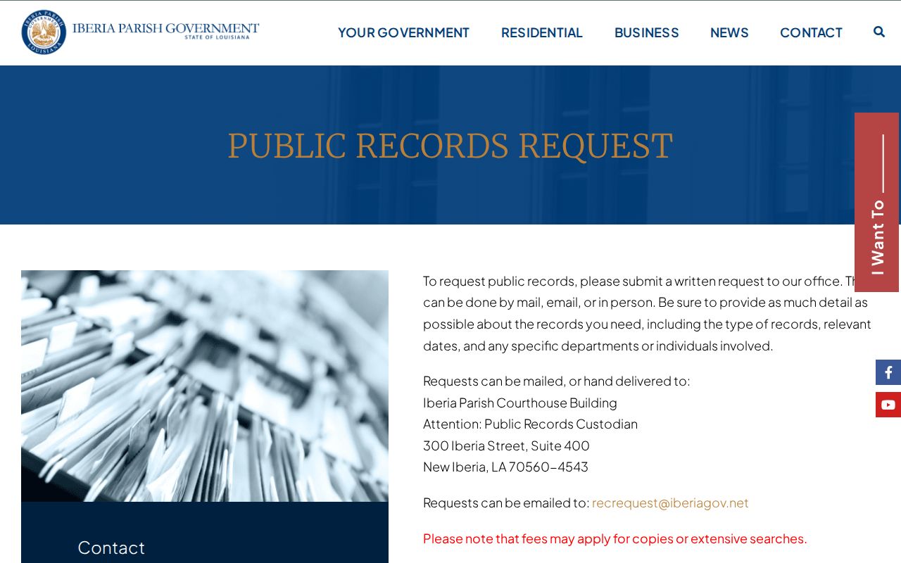 Iberia Parish public records request instructions for a missing street address file