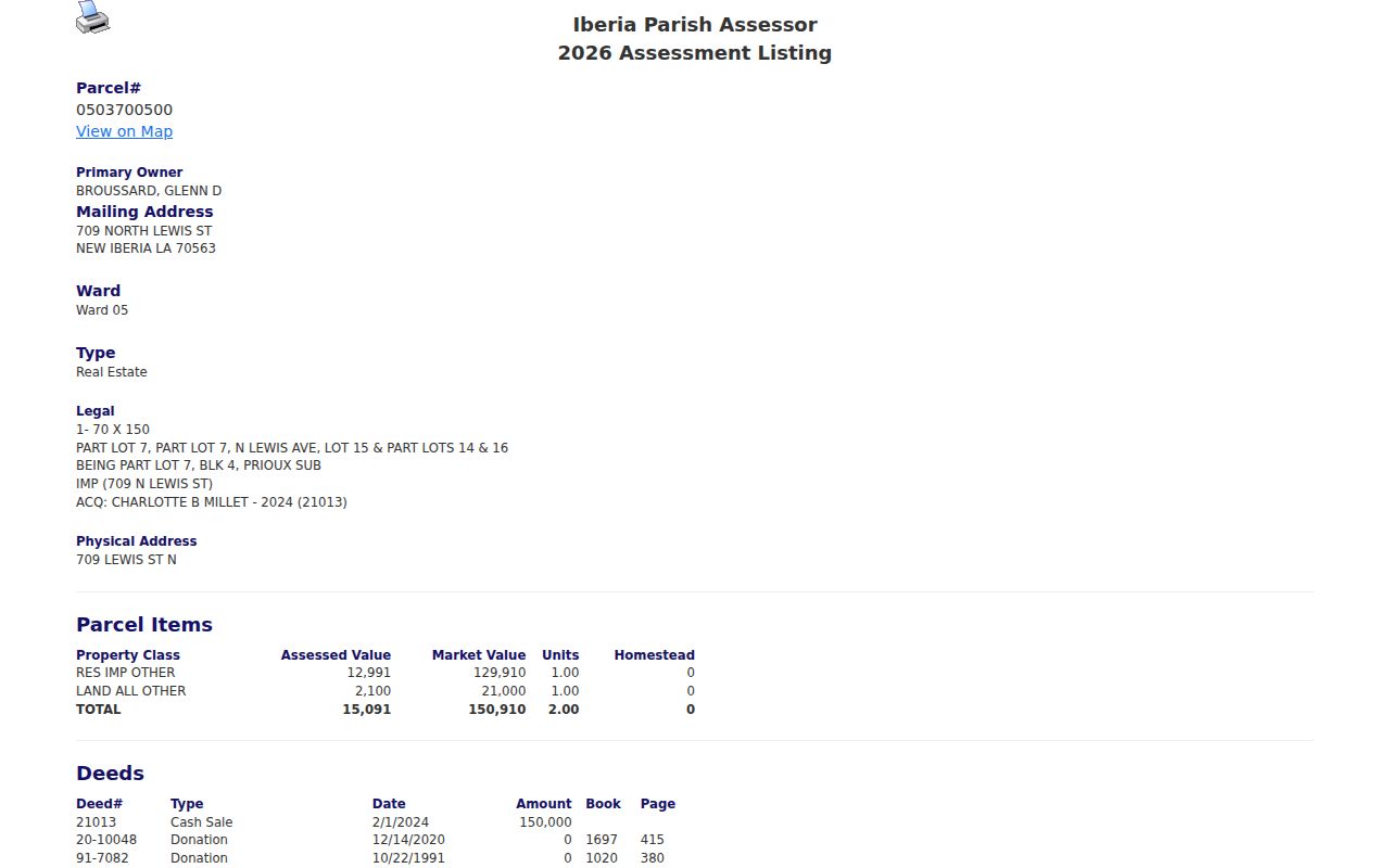 Sample Iberia Parish assessor parcel detail for a New Iberia street address